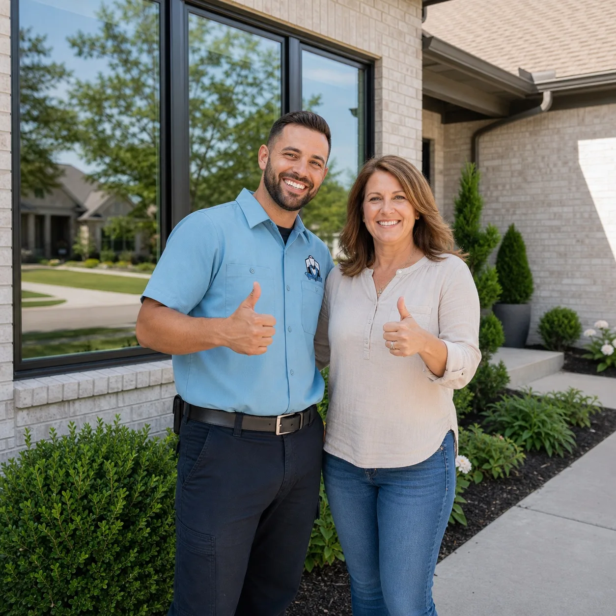 Dallas Window Butler installer and homeowner celebrating a completed window installation