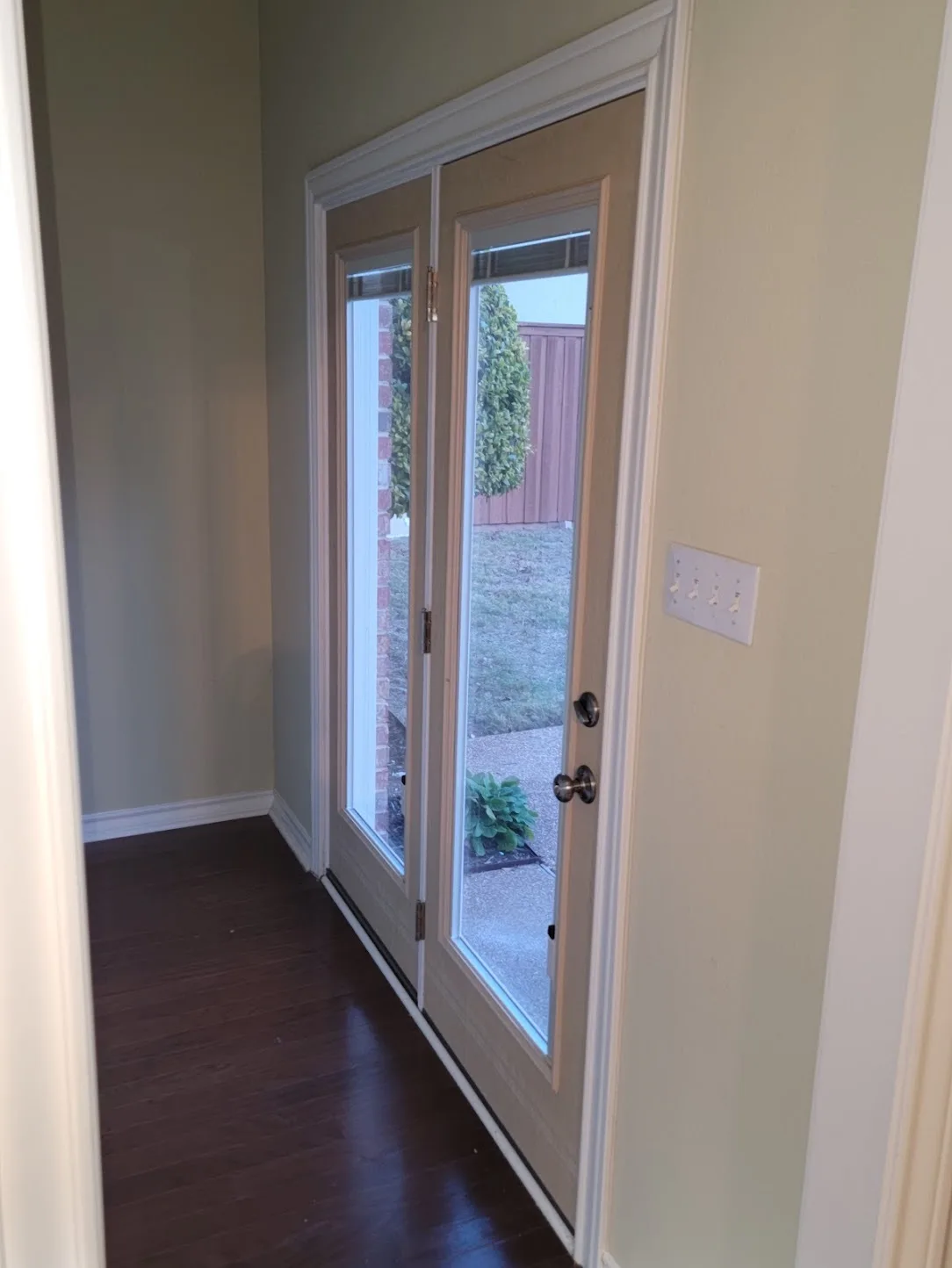 Interior view of rear full-lite double doors installed in Heath